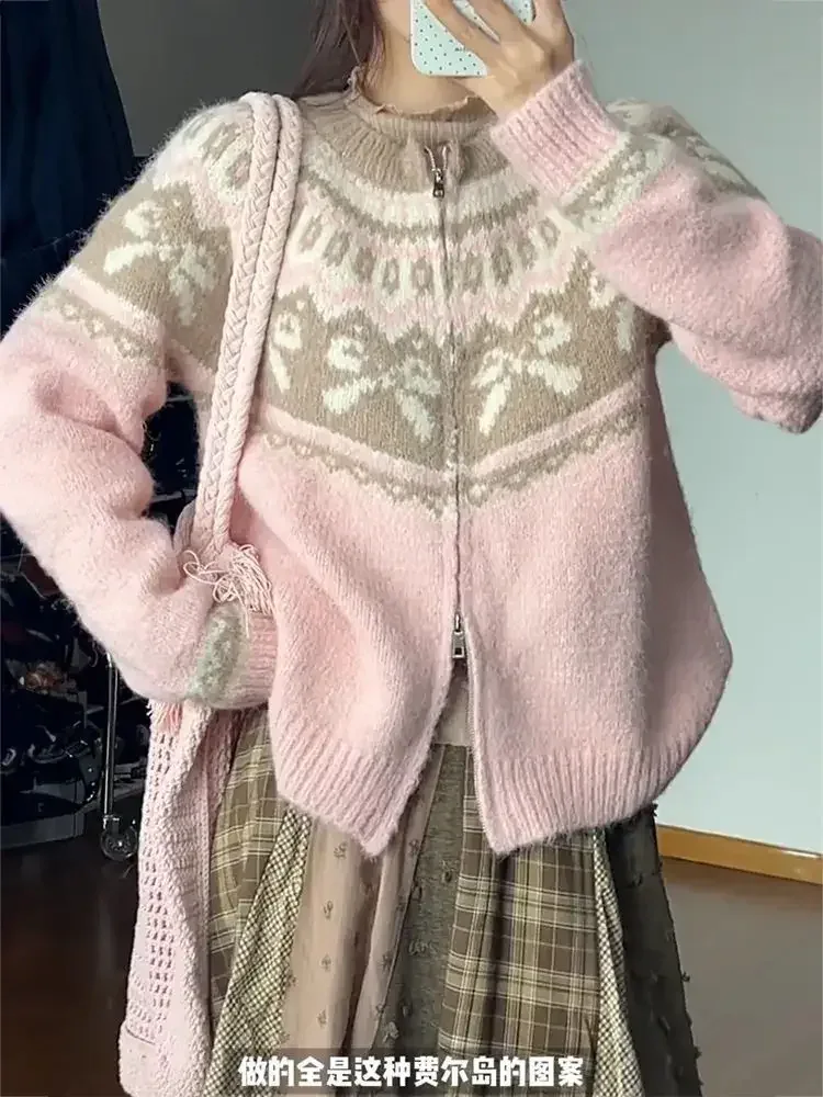 Cardigan Women Sweet Preppy Style Sweater Jacquard Knitted Soft Gentle Stylish Autumn Winter Outwear All-match Harajuku Chic