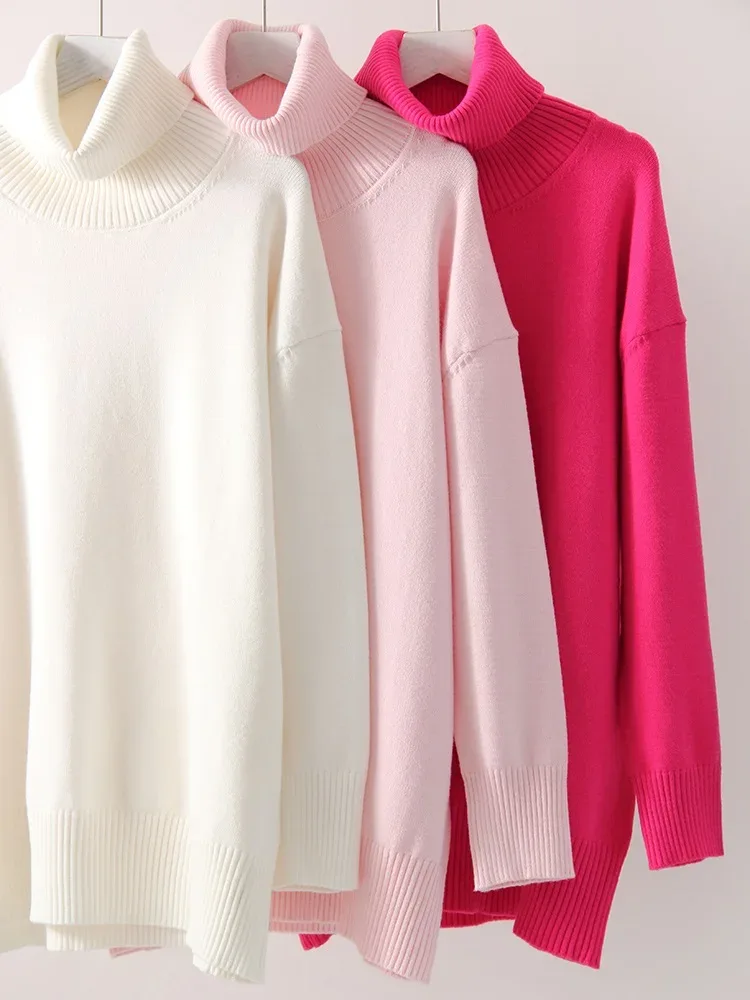 Winter Pink Turtleneck Sweaters Women Oversized Autumn Warm Women's Jumper Loose Basic White Turtleneck For Women Pullovers