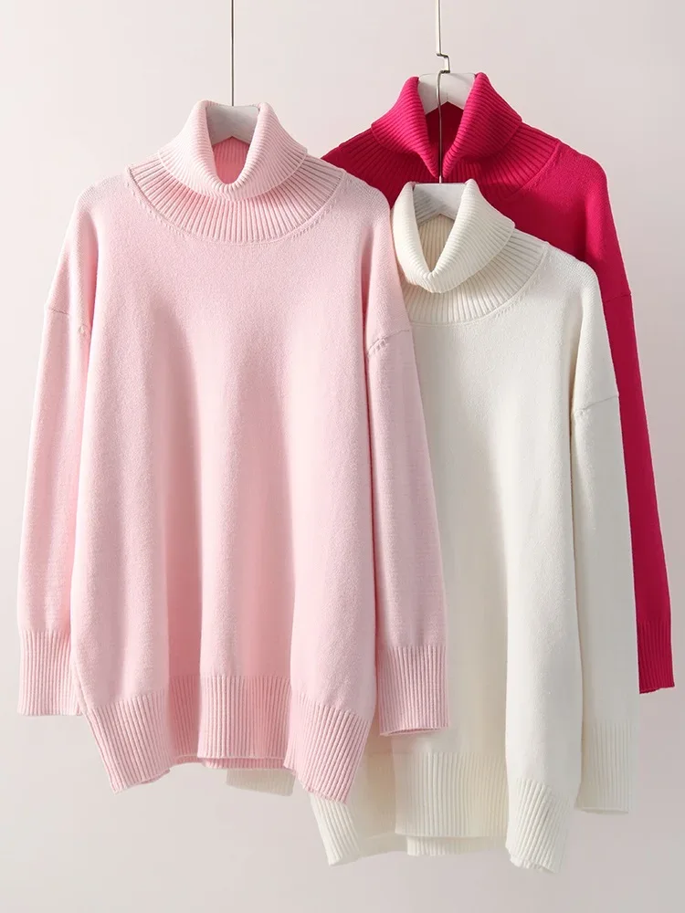 Winter Pink Turtleneck Sweaters Women Oversized Autumn Warm Women's Jumper Loose Basic White Turtleneck For Women Pullovers