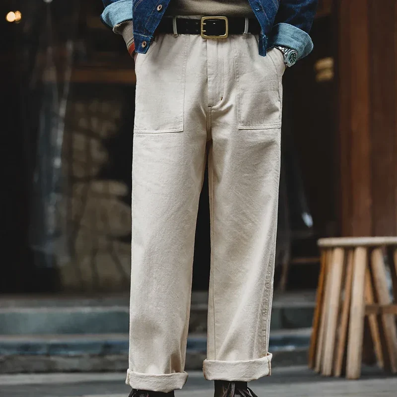 Maden Retro Cotton Seed Shell White Denim Jeans 11.2OZ Loose Straight Long Pants Cargo Pants Sweatpants Men Causal Trousers