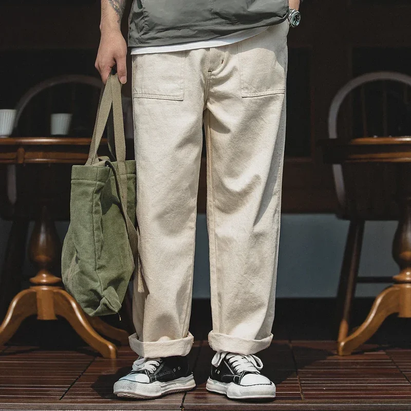 Maden Retro Cotton Seed Shell White Denim Jeans 11.2OZ Loose Straight Long Pants Cargo Pants Sweatpants Men Causal Trousers