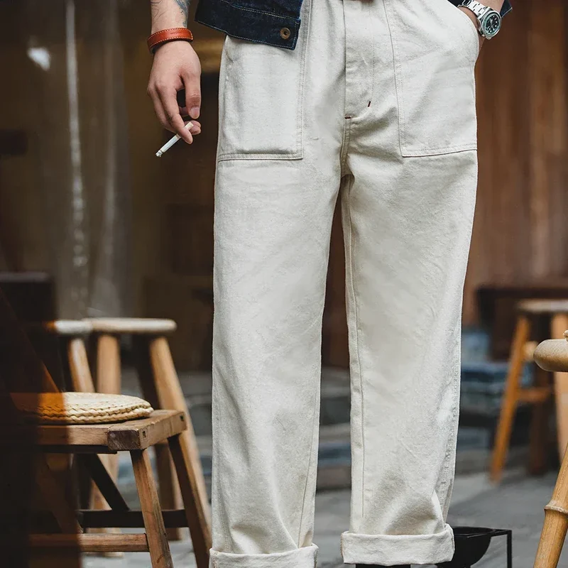 Maden Retro Cotton Seed Shell White Denim Jeans 11.2OZ Loose Straight Long Pants Cargo Pants Sweatpants Men Causal Trousers