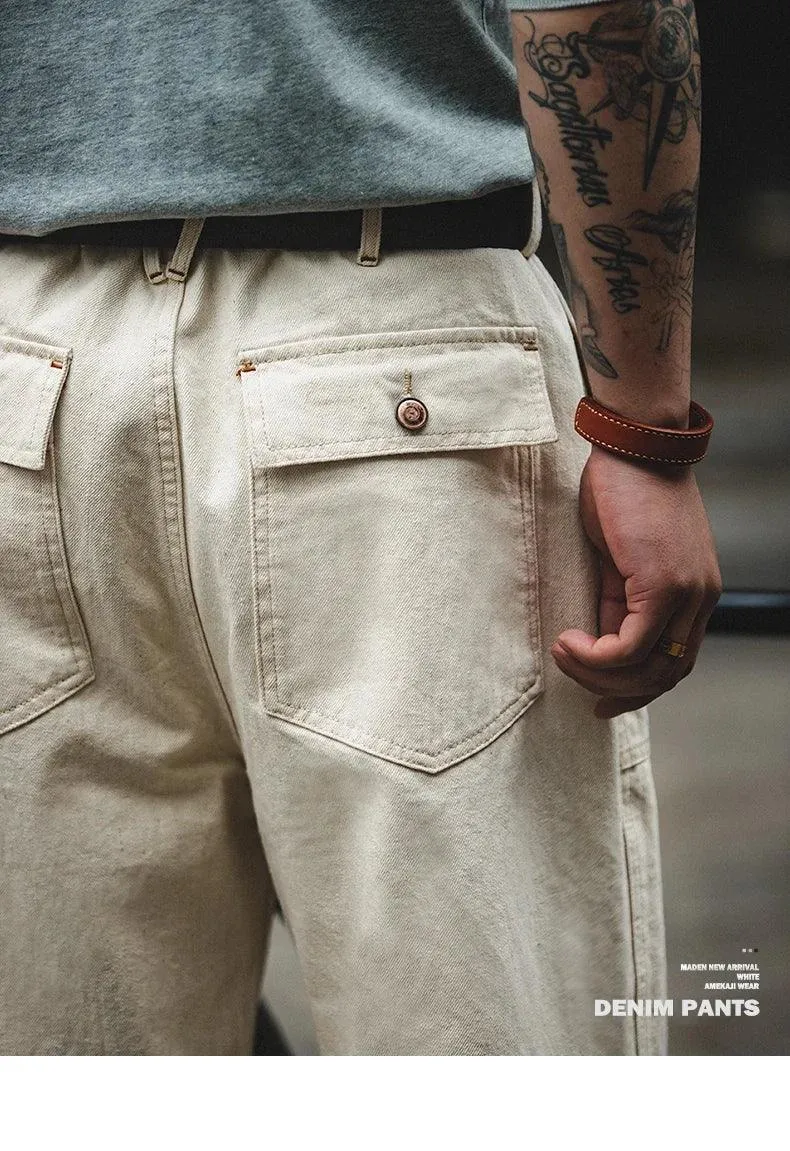 Maden Retro Cotton Seed Shell White Denim Jeans 11.2OZ Loose Straight Long Pants Cargo Pants Sweatpants Men Causal Trousers