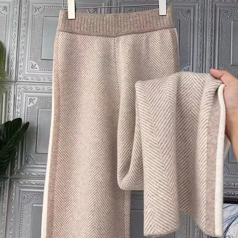 Women Drawstring Wide Leg Warm Thick Knit Pants Fall Winter Loose Casual Straight Korean Harajuku High Waist Trousers R94