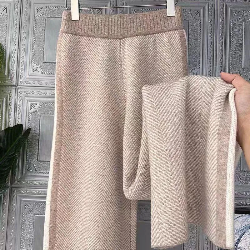 Women Drawstring Wide Leg Warm Thick Knit Pants Fall Winter Loose Casual Straight Korean Harajuku High Waist Trousers R94