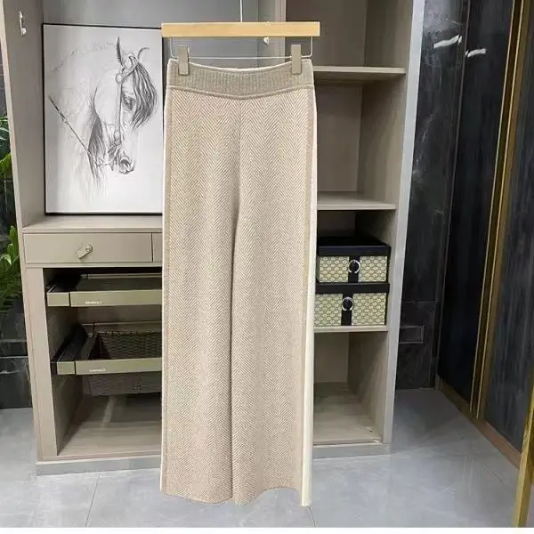 Women Drawstring Wide Leg Warm Thick Knit Pants Fall Winter Loose Casual Straight Korean Harajuku High Waist Trousers R94