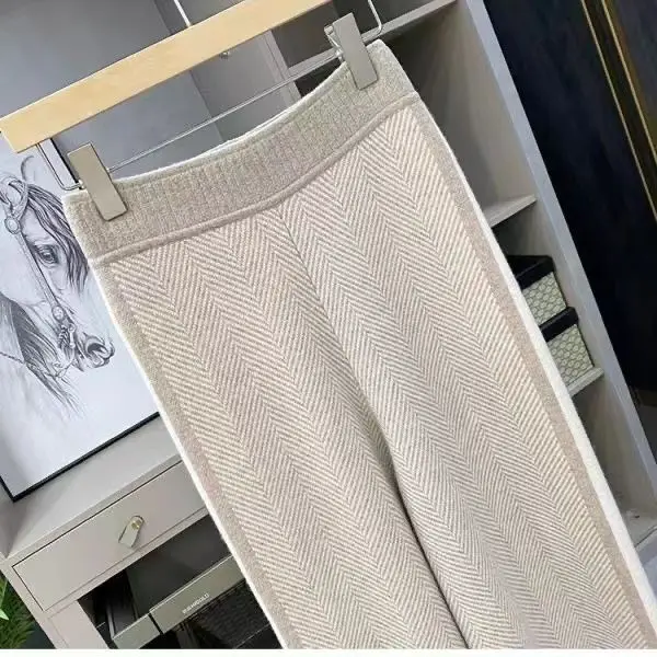 Women Drawstring Wide Leg Warm Thick Knit Pants Fall Winter Loose Casual Straight Korean Harajuku High Waist Trousers R94