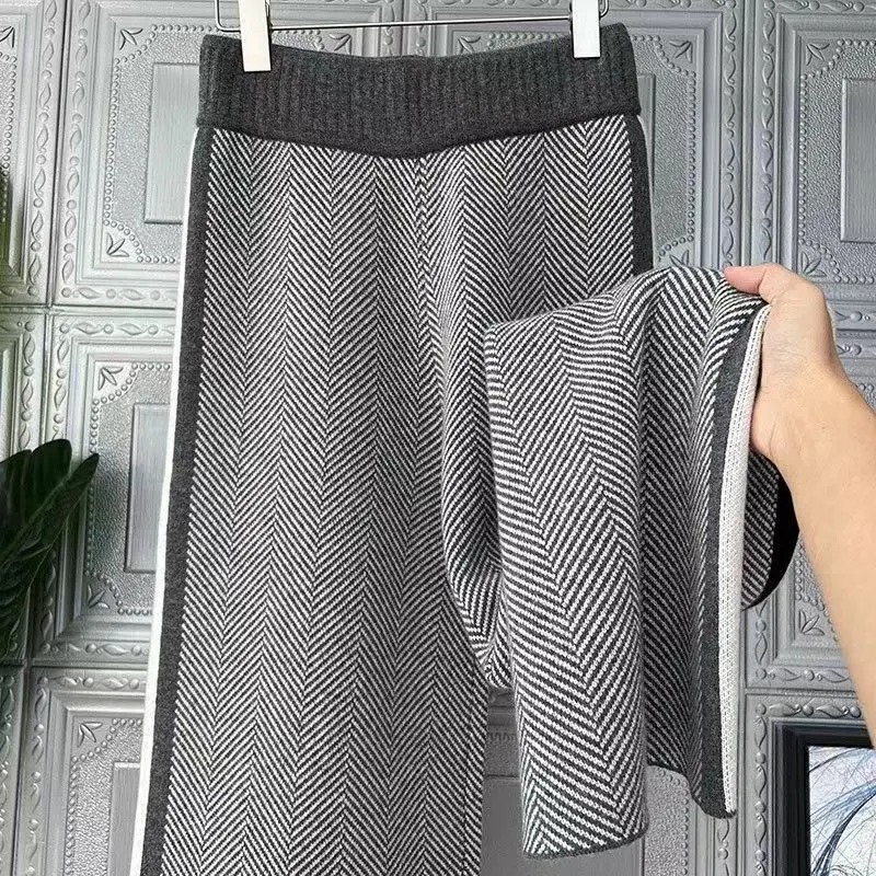 Women Drawstring Wide Leg Warm Thick Knit Pants Fall Winter Loose Casual Straight Korean Harajuku High Waist Trousers R94