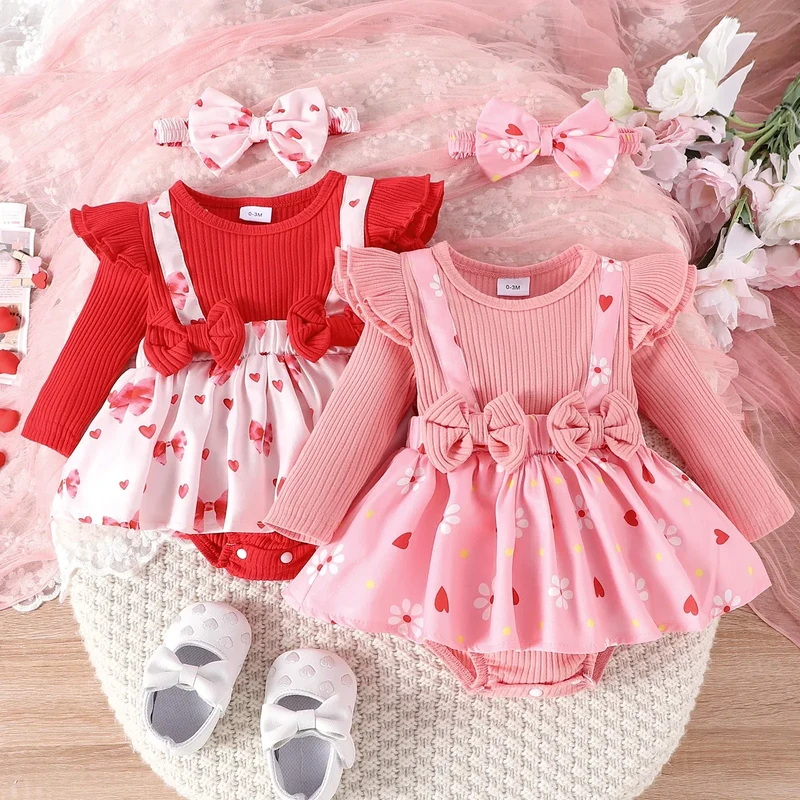 2PCS Spring And Autumn New Style For Girls 0-1 Years Old Sweet And Comfortable Pit Strip Long-Sleeved False Straps Hat Dress