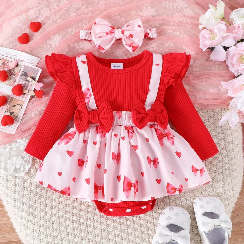 2PCS Spring And Autumn New Style For Girls 0-1 Years Old Sweet And Comfortable Pit Strip Long-Sleeved False Straps Hat Dress