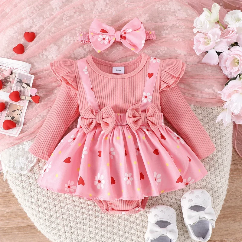 2PCS Spring And Autumn New Style For Girls 0-1 Years Old Sweet And Comfortable Pit Strip Long-Sleeved False Straps Hat Dress