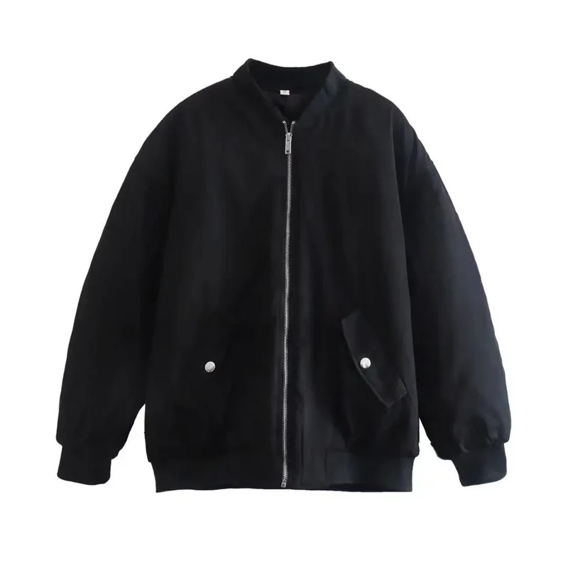 Retro Solid Zipper Cotton Jackets Women Casual Loose Bomber Jacket With Oblique Pockets Female Y2k Autumn Chic Street Outwear