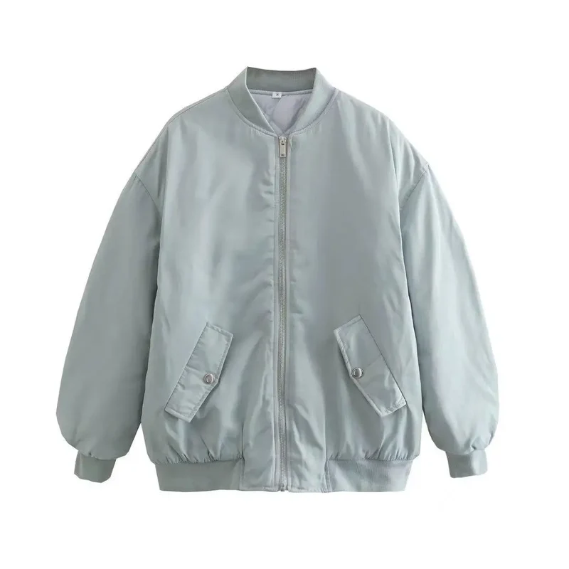 Retro Solid Zipper Cotton Jackets Women Casual Loose Bomber Jacket With Oblique Pockets Female Y2k Autumn Chic Street Outwear