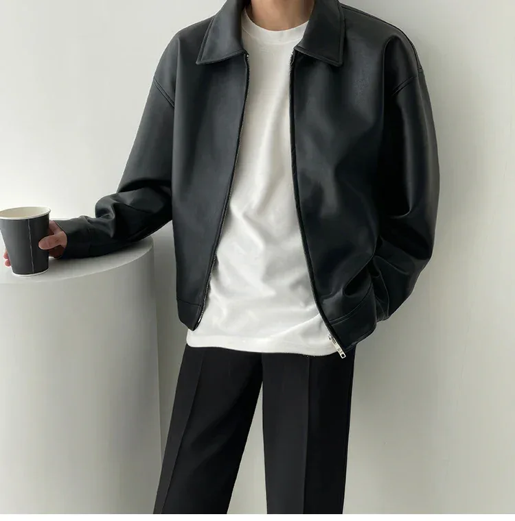 Autumn Black Leather Jacket Men Fashion Oversized Leather Jackets Mens Streetwear Korean Loose Hip-hop Bomber Jacket Men Coat