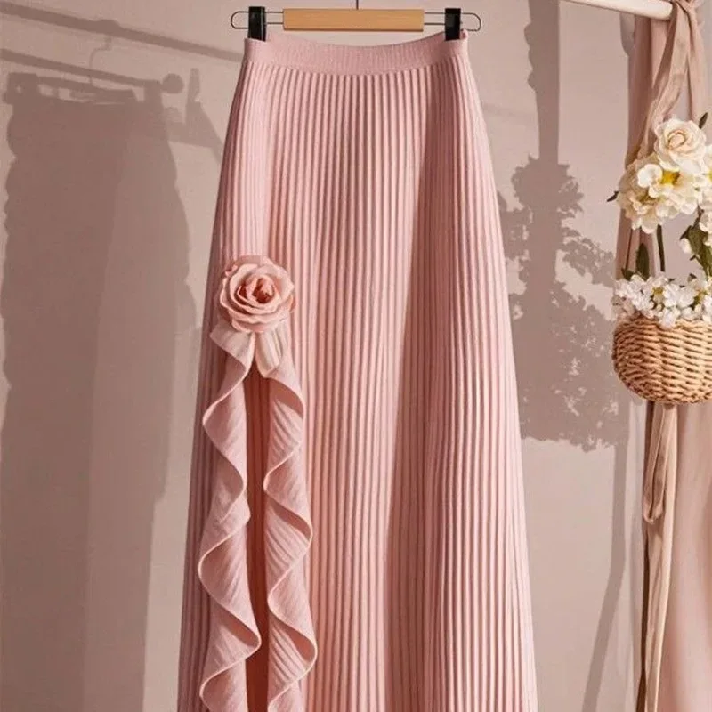 Spring Autumn Winter Elegant Irregular Pleated Skirt for Women Elastic A-line High Waist Midi Skirt White Black Flower Skirts