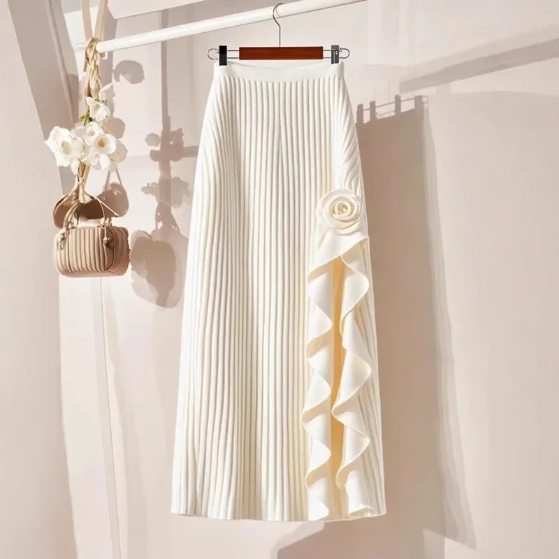 Spring Autumn Winter Elegant Irregular Pleated Skirt for Women Elastic A-line High Waist Midi Skirt White Black Flower Skirts
