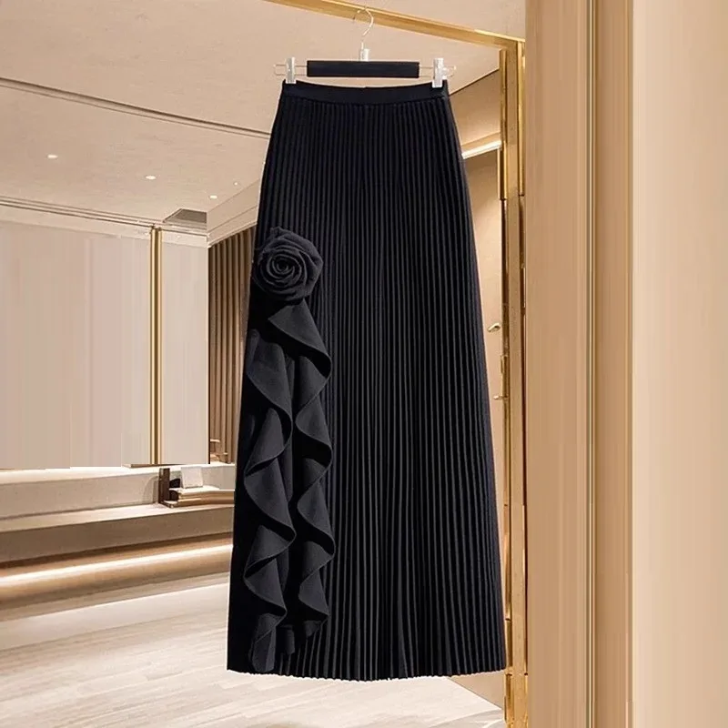 Spring Autumn Winter Elegant Irregular Pleated Skirt for Women Elastic A-line High Waist Midi Skirt White Black Flower Skirts
