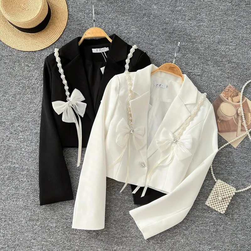 Chic Notched Basics Long Sleeve Elegant Embroidered Bead Butterfly Loose Coat French Streetwear High Street Autumn Winter Top