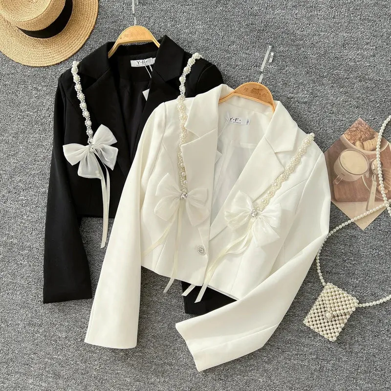 Chic Notched Basics Long Sleeve Elegant Embroidered Bead Butterfly Loose Coat French Streetwear High Street Autumn Winter Top