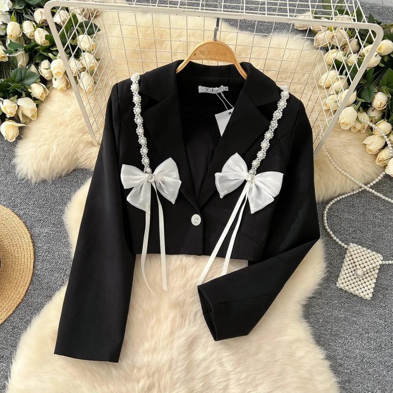 Chic Notched Basics Long Sleeve Elegant Embroidered Bead Butterfly Loose Coat French Streetwear High Street Autumn Winter Top