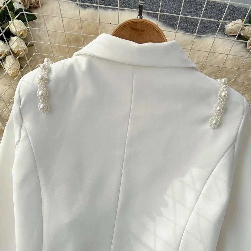 Chic Notched Basics Long Sleeve Elegant Embroidered Bead Butterfly Loose Coat French Streetwear High Street Autumn Winter Top