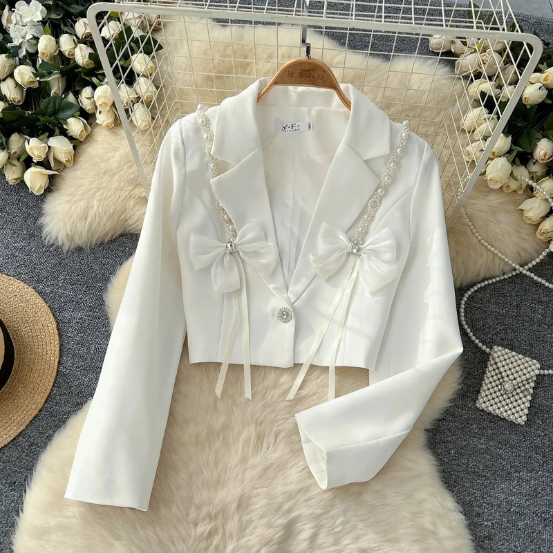 Chic Notched Basics Long Sleeve Elegant Embroidered Bead Butterfly Loose Coat French Streetwear High Street Autumn Winter Top