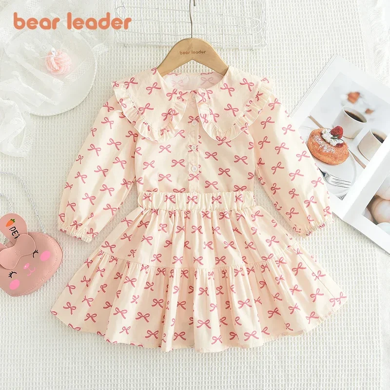 Bear Leader Girls Clothing Autumn Doll Collar Shirt and Cute Bow Print Skirt Sets Clothes Children's Sweet Costumes 100%Cotton