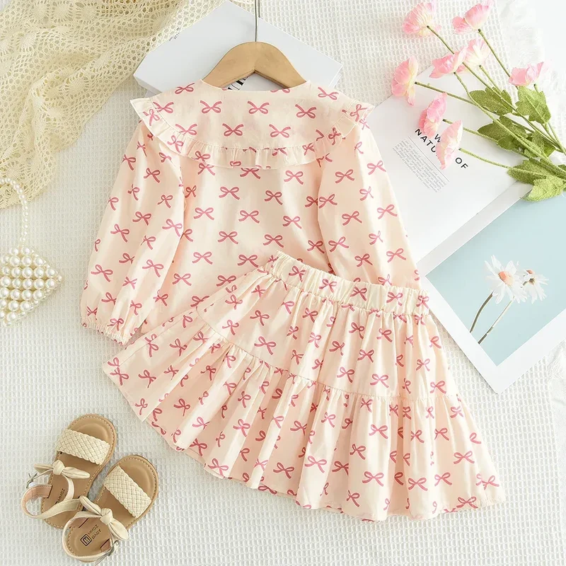 Bear Leader Girls Clothing Autumn Doll Collar Shirt and Cute Bow Print Skirt Sets Clothes Children's Sweet Costumes 100%Cotton