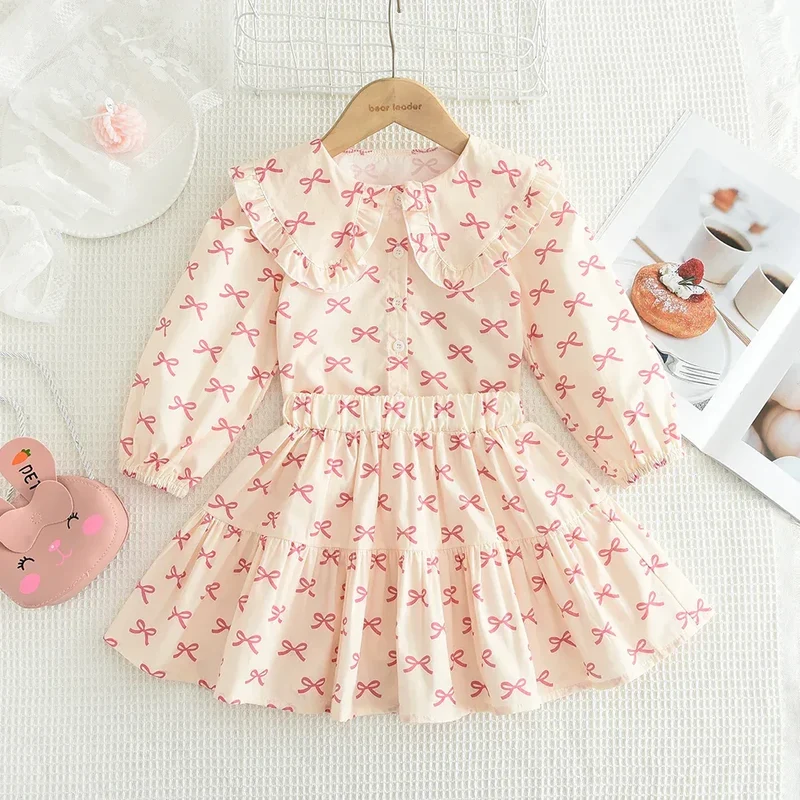 Bear Leader Girls Clothing Autumn Doll Collar Shirt and Cute Bow Print Skirt Sets Clothes Children's Sweet Costumes 100%Cotton