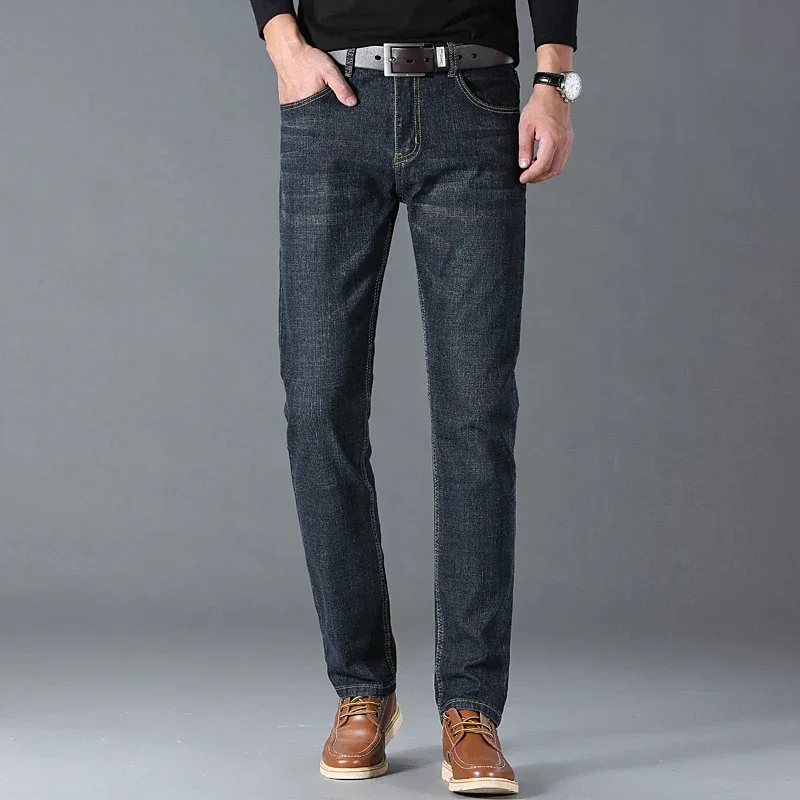 Spring Autumn Business Men Jeans Casual Straight Stretch Fashion Classic Black Sky Blue Grey Work Denim Trousers Brand Clothing