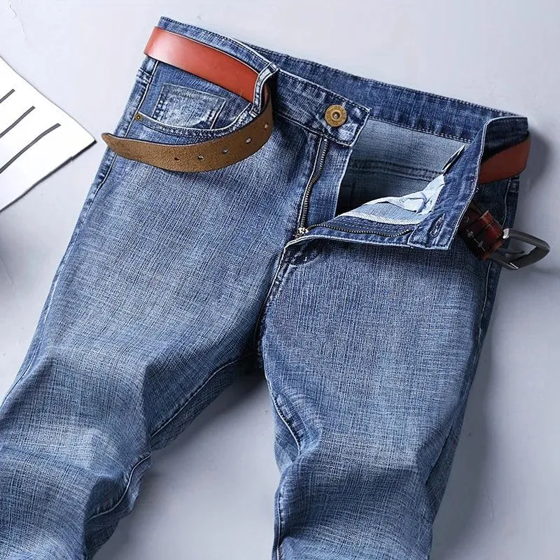 Spring Autumn Business Men Jeans Casual Straight Stretch Fashion Classic Black Sky Blue Grey Work Denim Trousers Brand Clothing