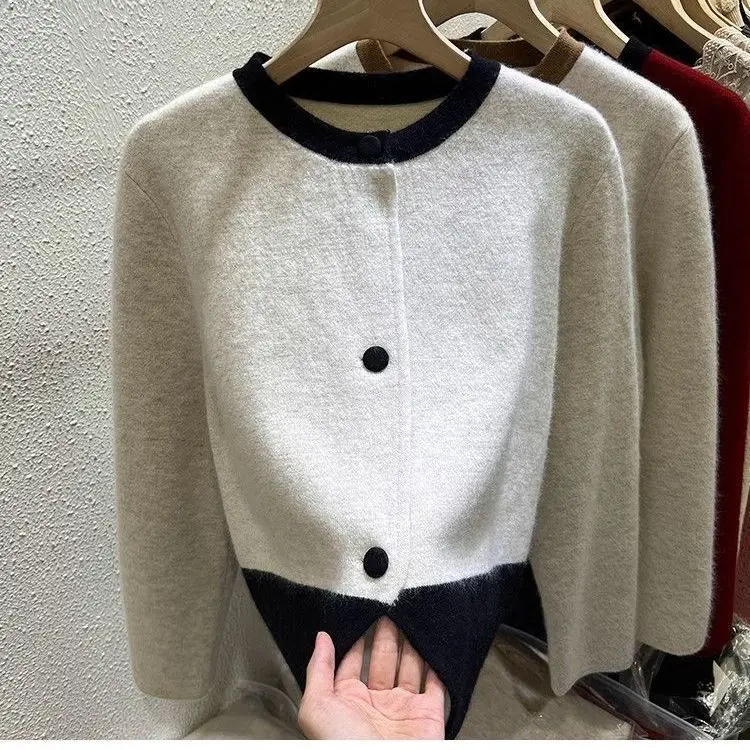 Xiaoxiangfeng Contrasting Color Sweater Jacket for Women in Autumn Winter Spring and Autumn Lazy Style Small Knitted Cardigan