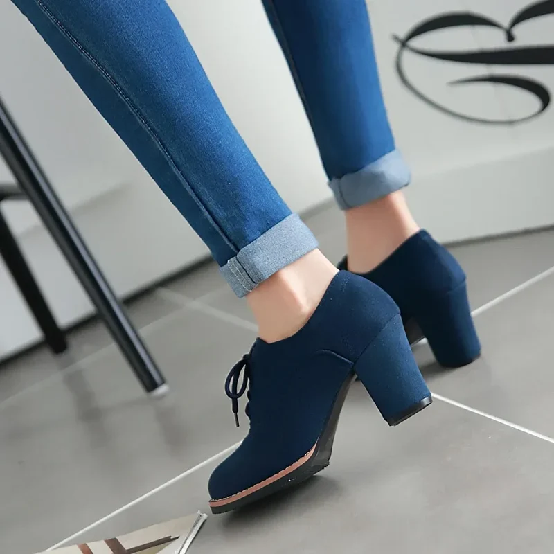 Vintage Women Lace Up Pumps Square Heel Round Toe High Heels British Style Oxfords Autumn Low Top Student Shoes Blue Booties 33