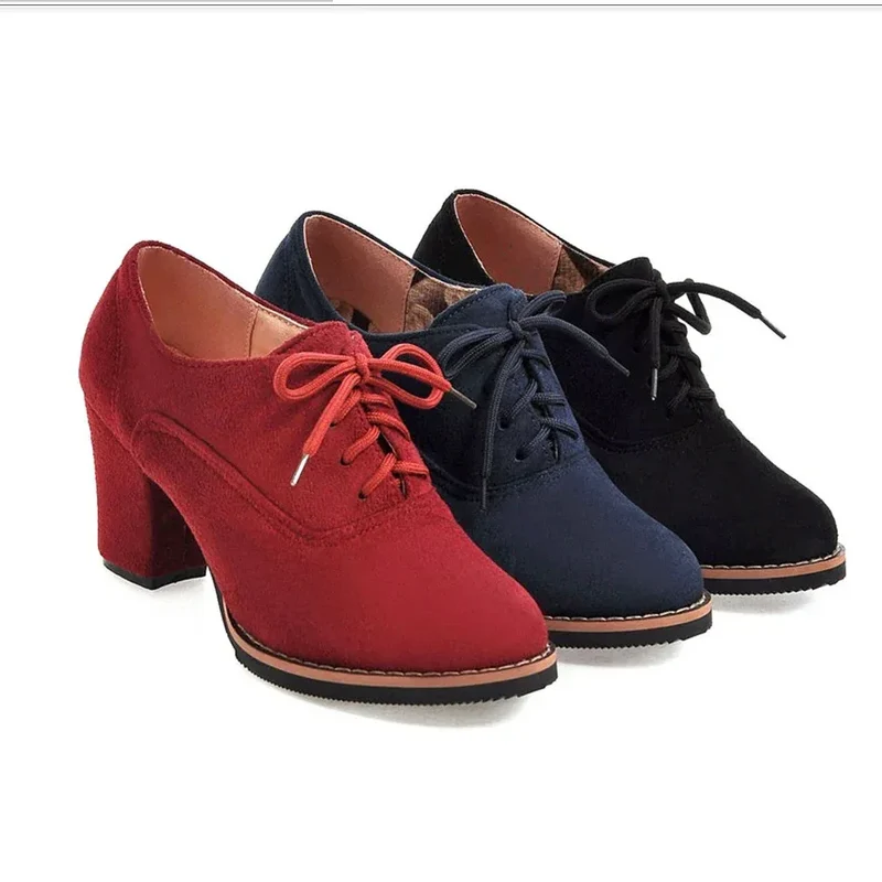 Vintage Women Lace Up Pumps Square Heel Round Toe High Heels British Style Oxfords Autumn Low Top Student Shoes Blue Booties 33