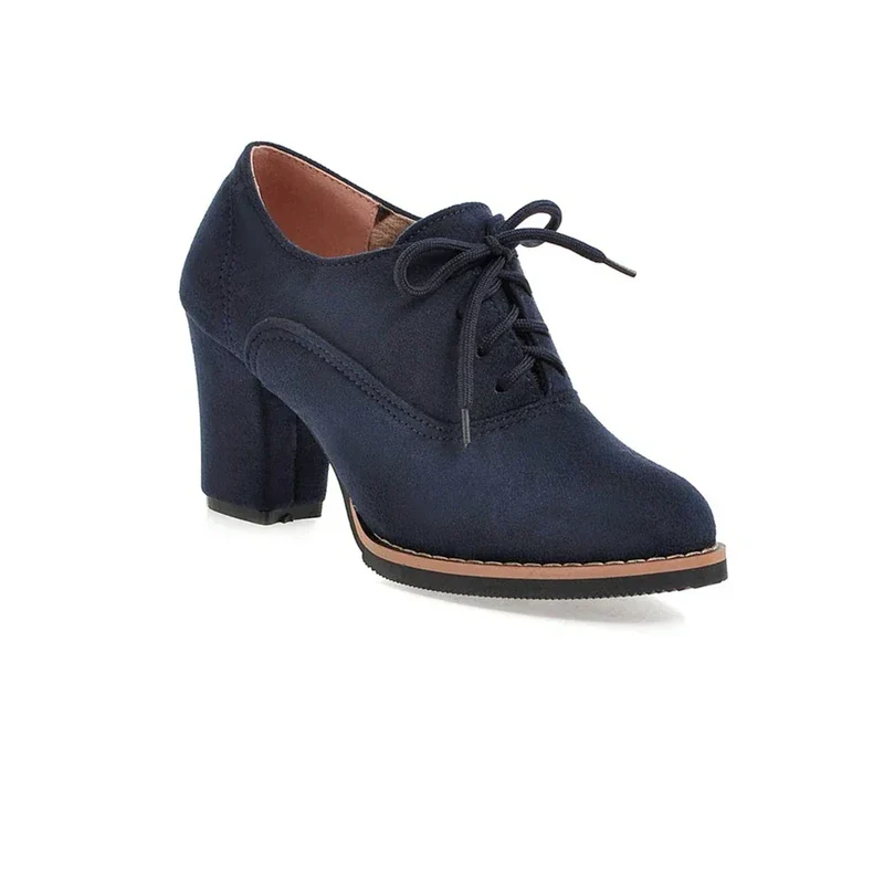 Vintage Women Lace Up Pumps Square Heel Round Toe High Heels British Style Oxfords Autumn Low Top Student Shoes Blue Booties 33