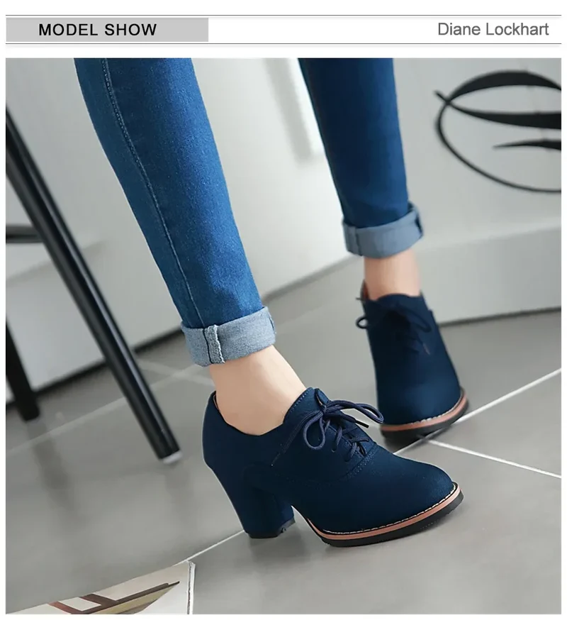 Vintage Women Lace Up Pumps Square Heel Round Toe High Heels British Style Oxfords Autumn Low Top Student Shoes Blue Booties 33