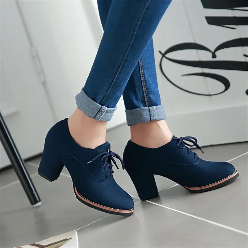 Vintage Women Lace Up Pumps Square Heel Round Toe High Heels British Style Oxfords Autumn Low Top Student Shoes Blue Booties 33