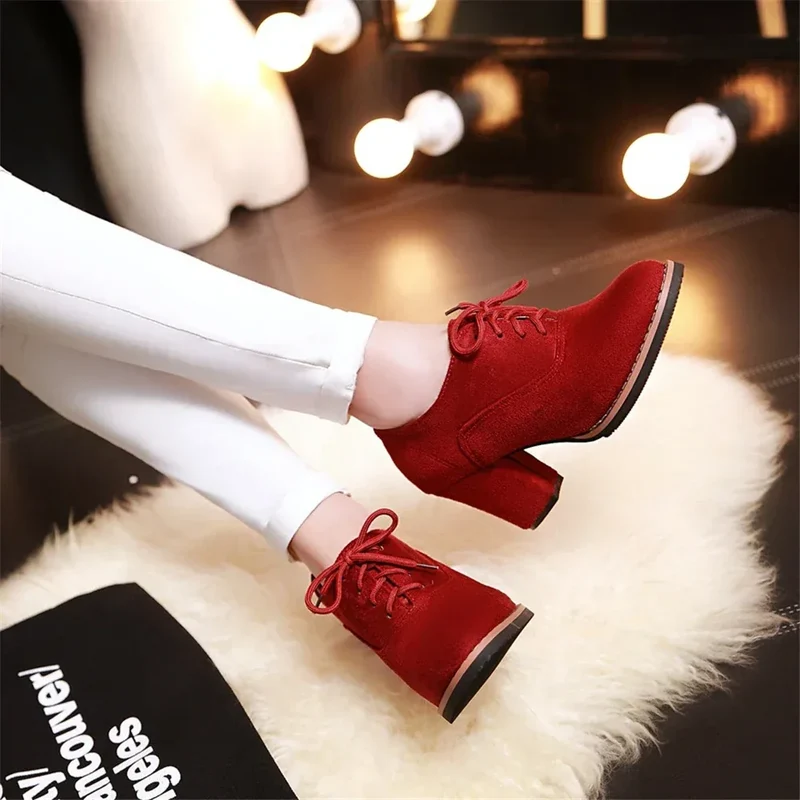 Vintage Women Lace Up Pumps Square Heel Round Toe High Heels British Style Oxfords Autumn Low Top Student Shoes Blue Booties 33