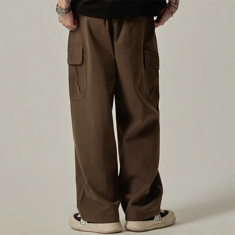 Men's Sweatpants 2025 Spring Autumn Vintage Japanese Wide Leg Straight Loose Button Big Pockets Cargo Pants Drawstring Trousers