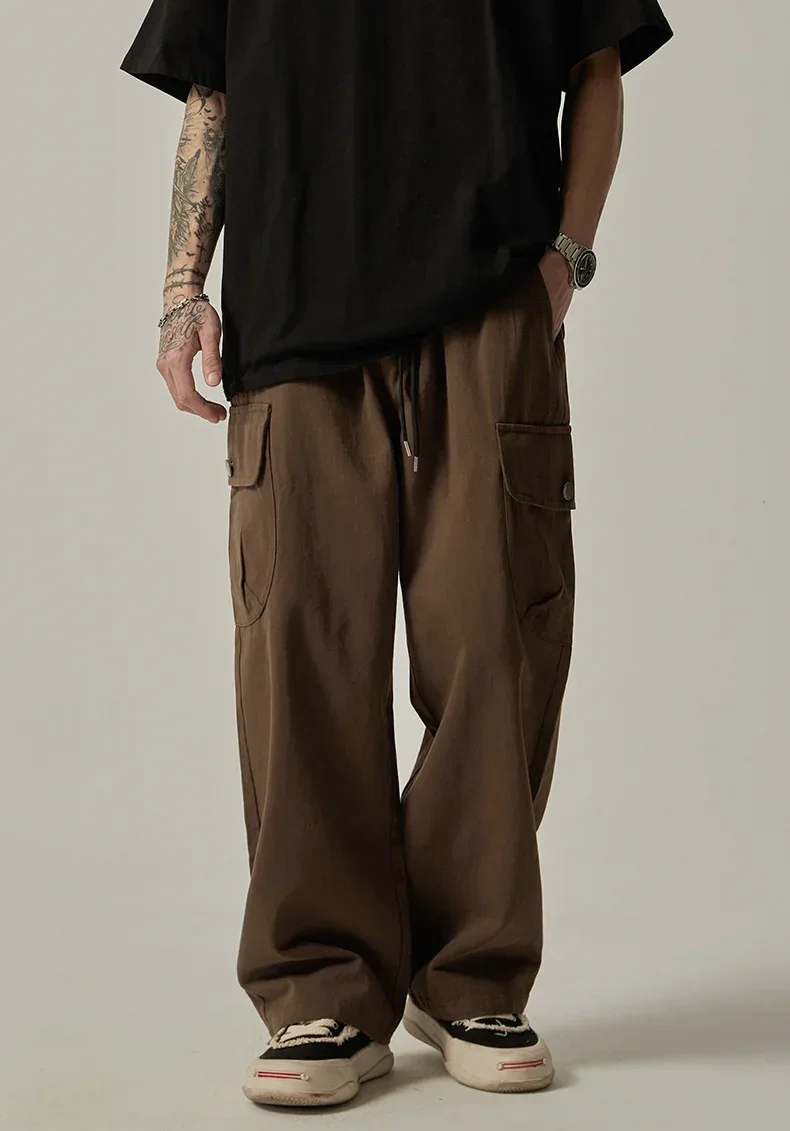 Men's Sweatpants 2025 Spring Autumn Vintage Japanese Wide Leg Straight Loose Button Big Pockets Cargo Pants Drawstring Trousers