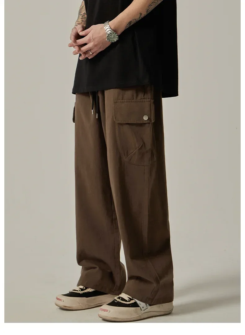 Men's Sweatpants 2025 Spring Autumn Vintage Japanese Wide Leg Straight Loose Button Big Pockets Cargo Pants Drawstring Trousers