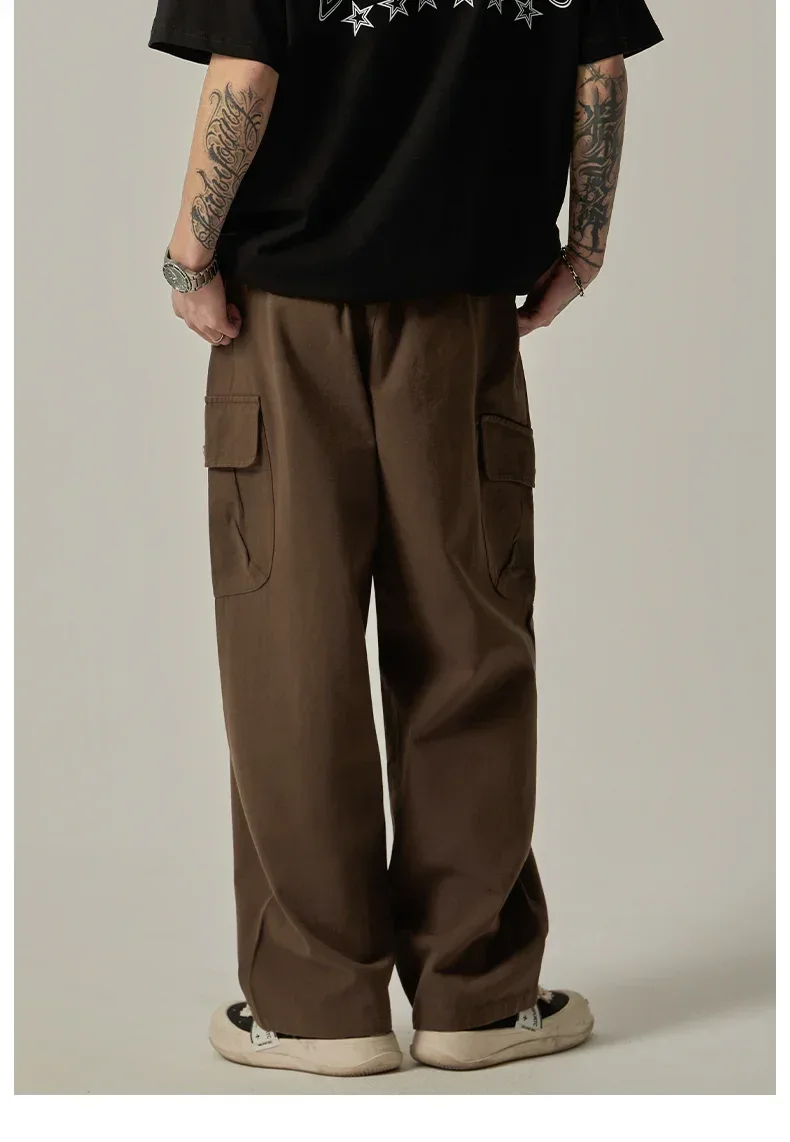 Men's Sweatpants 2025 Spring Autumn Vintage Japanese Wide Leg Straight Loose Button Big Pockets Cargo Pants Drawstring Trousers