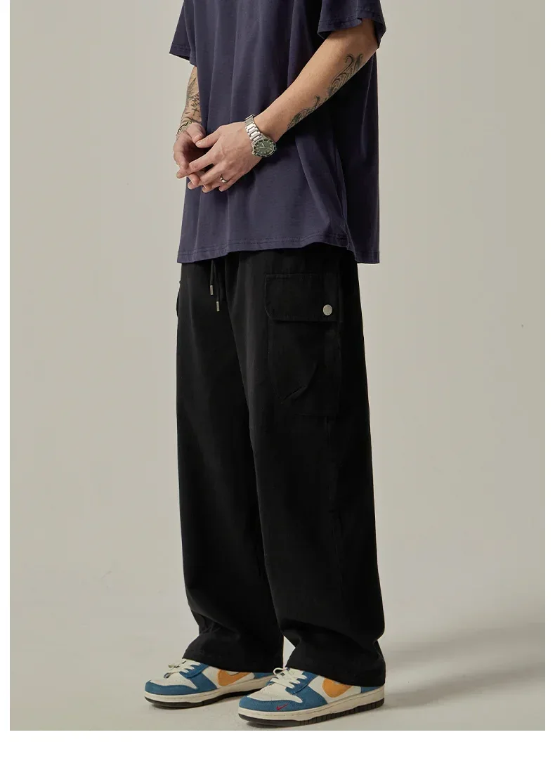 Men's Sweatpants 2025 Spring Autumn Vintage Japanese Wide Leg Straight Loose Button Big Pockets Cargo Pants Drawstring Trousers