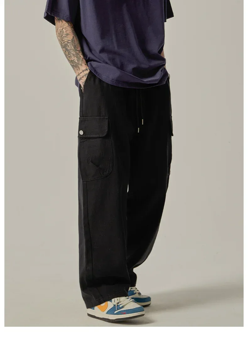 Men's Sweatpants 2025 Spring Autumn Vintage Japanese Wide Leg Straight Loose Button Big Pockets Cargo Pants Drawstring Trousers