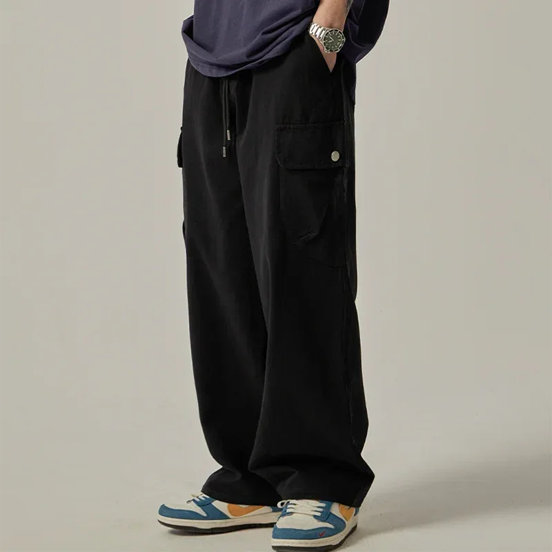 Men's Sweatpants 2025 Spring Autumn Vintage Japanese Wide Leg Straight Loose Button Big Pockets Cargo Pants Drawstring Trousers