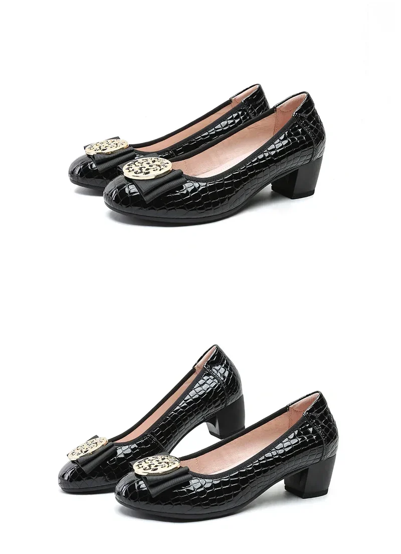 Spring and Autumn Boat Shoes Genuine Leather Soft Sole Mid-Heel Shoes Bow Heels Ladies Women Womens Round Toe Slip-on Women's 42