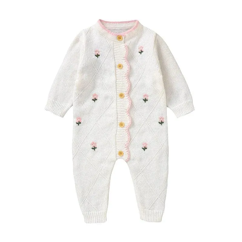 Newborn Baby Rompers Knit Infant Girl Jumpsuit Long Sleeve Autumn Toddler Kid Clothes Fashion Ruffles Embroidered 0-18M Overalls