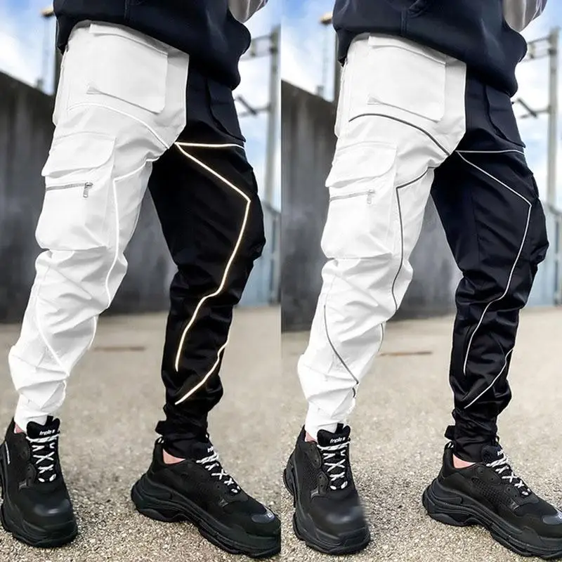 Men Casual Black Cargo Pants Oversize Striped Pocket Sweatpants Gym Sports Fitness Hip Hop Jogger Baggy Trousers Pantalon Hommes