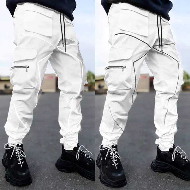 Men Casual Black Cargo Pants Oversize Striped Pocket Sweatpants Gym Sports Fitness Hip Hop Jogger Baggy Trousers Pantalon Hommes
