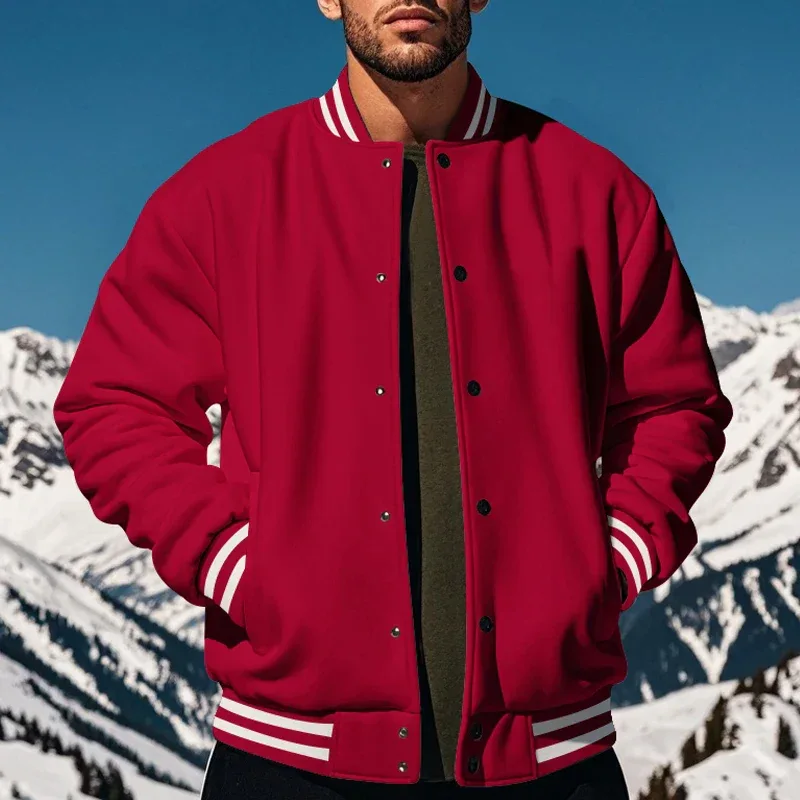 Men's Baseball Jacket with Stand-up Collar Button, Flight Jacket Monochromatic Loose, Casual, American Sports, Autumn and Winter